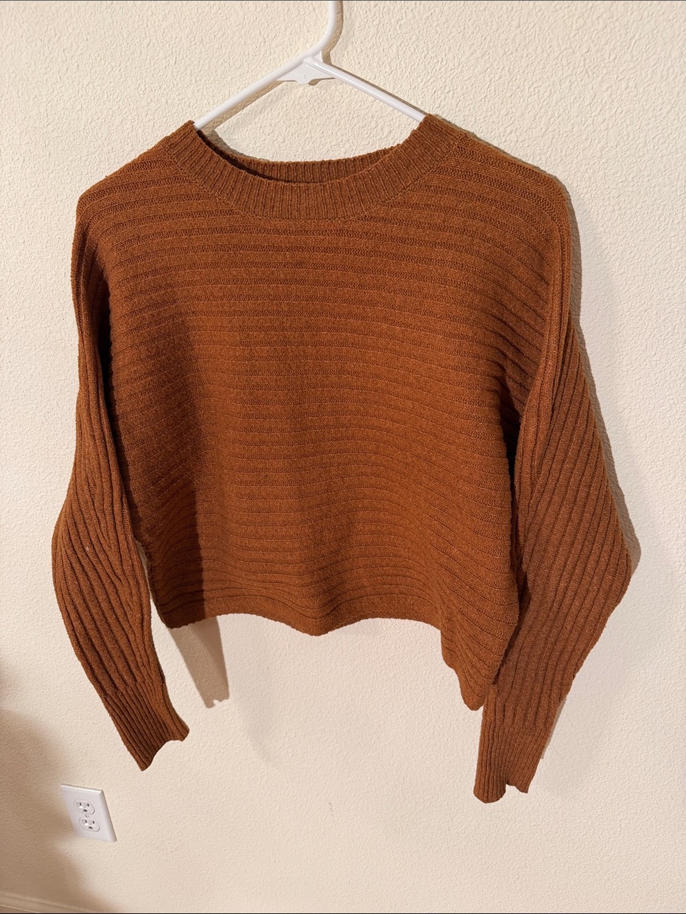 Pink Rose Ribbed Crewneck Sweater in Rustic Brown